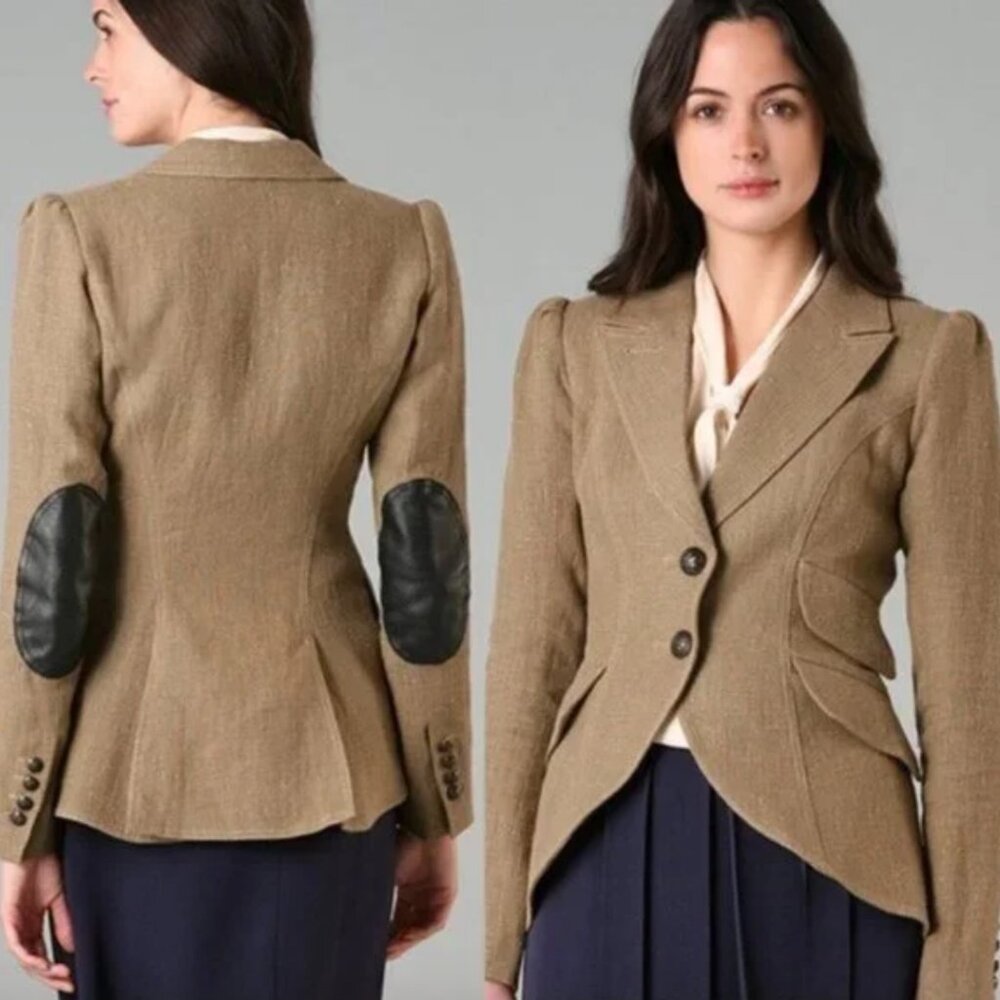 Smythe Les Vestes 100% Linen Equestrian blazer sz 4 with black leather patches